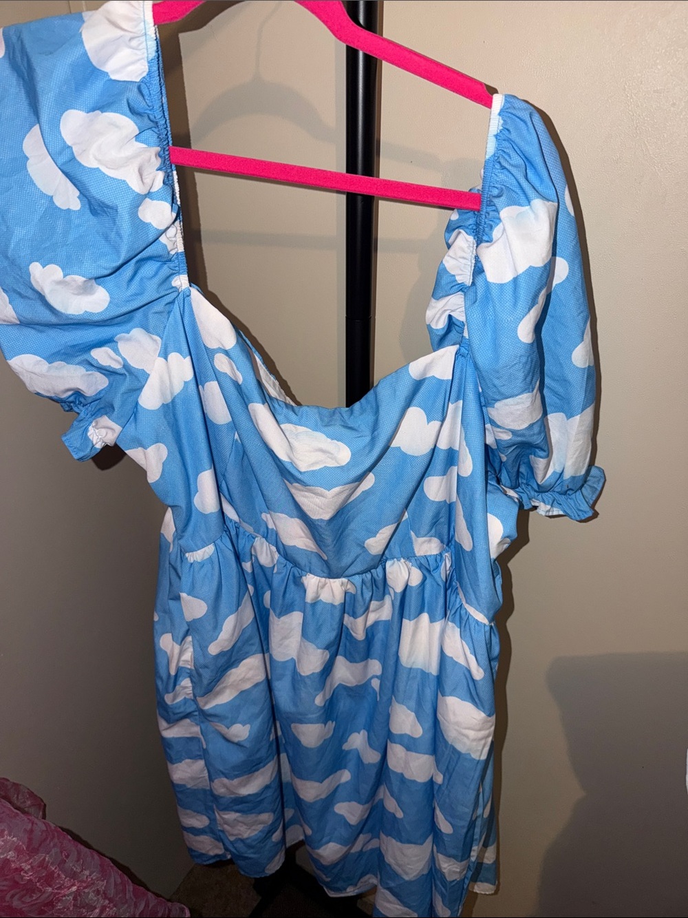 SHEIN Blue and White Cloud Print Puff Sleeve Dress
